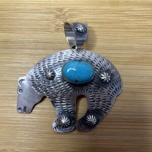 Signed- Chimney Butte Southwestern Sterling Silver  Bear Turquoise Pendant